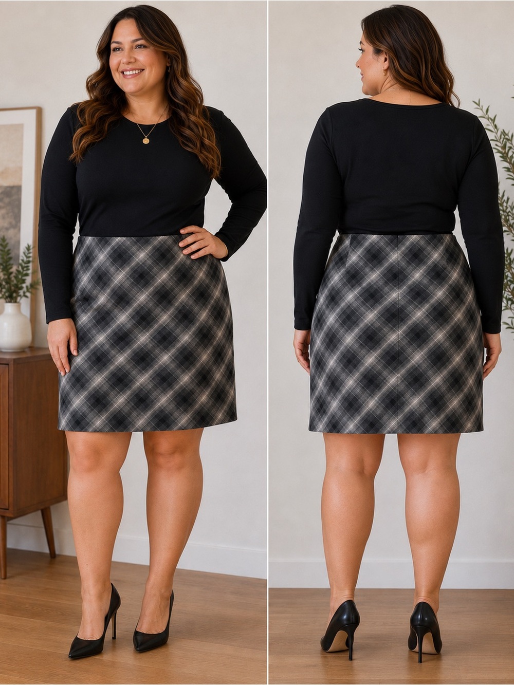 Cotton Ginny Plus Plaid A-Line Skirt in Black and Gray Size 16 Preppy Classic